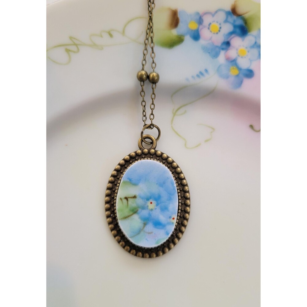 Broken China Sevres Bavaria Hand Painted Forget Me Nots Pendant Necklace